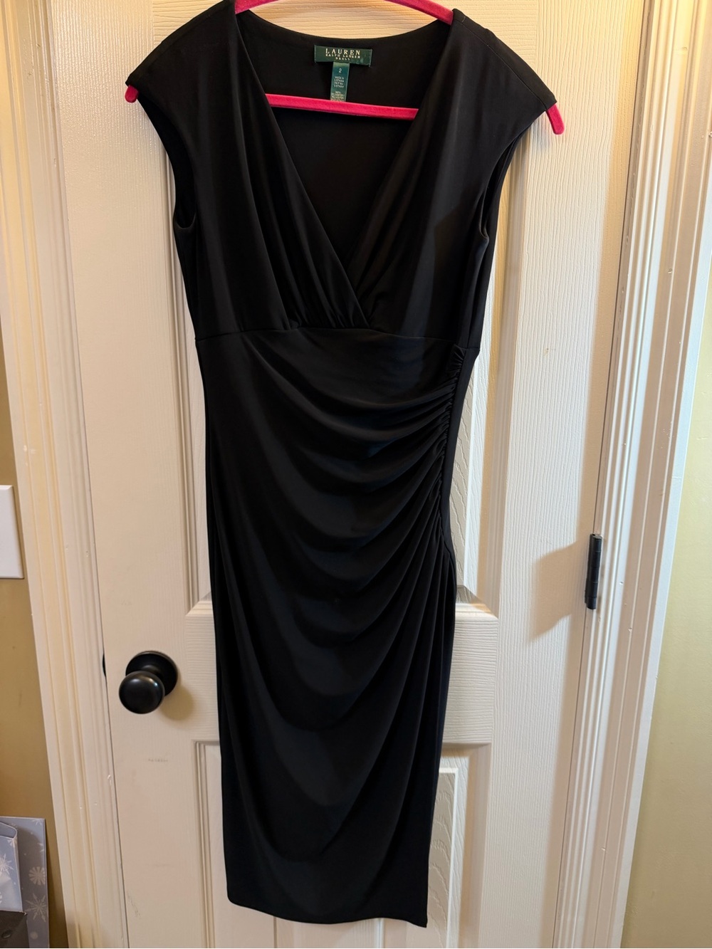 Lauren Ralph Black V-Neck Ruched Midi Dress